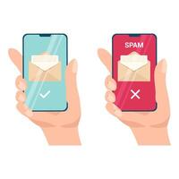 sécurise message et Spam envoi postal. Spam notification sur téléphone intelligent filtrer. vecteur