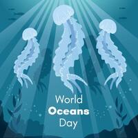 monde océans journée. salutation carte, bannière, social médias Publier modèle. mer Contexte avec méduse. vecteur
