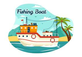 pêche bateau illustration avec les pêcheurs chasse poisson en utilisant navire à mer dans plat dessin animé Contexte conception vecteur