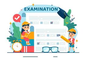 examen papier illustration avec en ligne examen, former, papiers réponses, enquête ou l'Internet quiz dans plat des gamins dessin animé Contexte conception vecteur