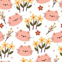 chat et fleur de dessin animé de modèle sans couture. papier peint animal mignon pour textile, papier cadeau vecteur