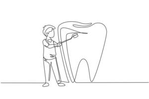 garçon de dessin continu d'une ligne se brossant des dents géantes avec une brosse à dents. symbole clinique dentaire, hôpital dentaire et centre de soins bucco-dentaires. soins des dents. illustration graphique de vecteur de conception de dessin à une seule ligne