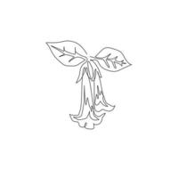 dessin d'une seule ligne de beauté fraîche brugmansia pour le logo de jardin. concept décoratif de fleur de trompette d'ange pour l'impression d'affiche d'art mural de décoration intérieure. ligne continue moderne dessiner illustration vectorielle de conception vecteur