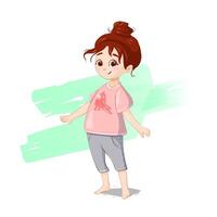 une illustration de une Jeune fille avec marron cheveux lié en haut dans une chignon, permanent pieds nus et souriant. portant une rose T-shirt avec une oiseau graphique et gris pantalon. le Contexte vert brosse coups. vecteur