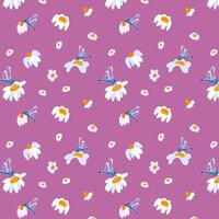 sans couture modèle blanc Marguerite libellule violet Contexte cartes affiches bannières printemps été en tissu Vêtements adapté emballage fond d'écran modèle textile vecteur
