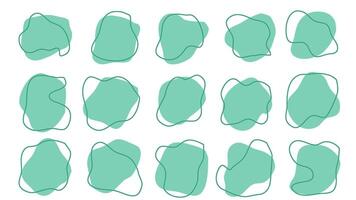 15 moderne tosca asymétrique formes liquide irrégulier goutte avec vert ligne abstrait éléments graphique plat style conception fluide illustration ensemble. agréable amibe gouttes, taches, gouttes ou taches paquet vecteur