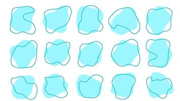 15 moderne lumière bleu asymétrique formes liquide irrégulier goutte avec bleu ligne abstrait éléments graphique plat style conception fluide illustration ensemble. agréable amibe gouttes, taches, gouttes ou taches paquet vecteur