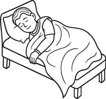 noir et blanc dessin animé illustration de homme en train de dormir dans lit pour coloration livre vecteur
