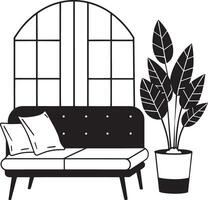 vivant pièce avec canapé et plante conception, Accueil décoration intérieur vivant bâtiment appartement et Résidentiel thème illustration vecteur