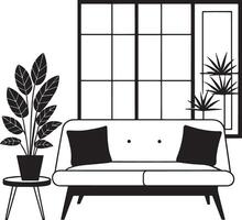 vivant pièce avec canapé et plante conception, Accueil décoration intérieur vivant bâtiment appartement et Résidentiel thème illustration vecteur