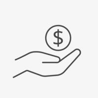enregistrer argent ligne icône. main en portant dollar. salaire, investir, bancaire, finance. illustration vecteur
