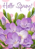 salutation carte modèle avec printemps fleurs. bannière, affiche avec violet freesia. illustration de délicat fleurs dans dessin animé style pour carte, invitation, arrière-plan, etc. vecteur