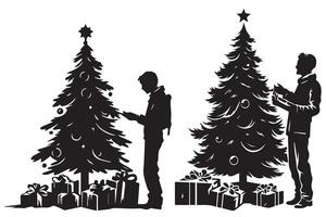 silhouette homme et cadeau en dessous de Noël arbre pro conception vecteur