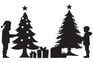 silhouette de une famille décorer une Noël arbre avec tout éléments comme séparé objets vecteur