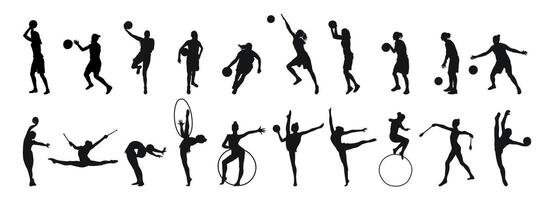 ensemble Célibataire silhouettes de aux femmes des sports. basket-ball, gymnastique suédoise, gymnastique. isolé vecteur