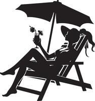 une femme relaxant sur une plage chaise avec boire, noir Couleur silhouette vecteur