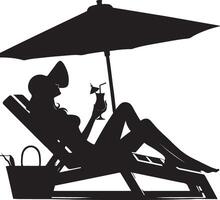 une femme relaxant sur une plage chaise avec boire, noir Couleur silhouette vecteur