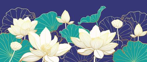 luxe lotus fleur Contexte . élégant blanc lotus fleurs d'or ligne art, feuilles, pente Couleur sur bleu. Japonais et chinois illustration conception pour décor, fond d'écran, bannière, emballage. vecteur