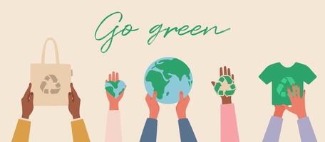 aller vert concept avec mains en portant Terre, papier sac et réutilisable sac vecteur