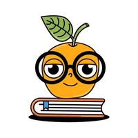 retour à école rétro contemporain illustration. froussard personnage Pomme avec des lunettes sur une livre sur une transparent Contexte. ancien conception. vecteur