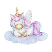 mignonne bébé Conte de fée Licorne en train de dormir sur nuage. isolé aquarelle illustration pour logo, des gamins marchandises, vêtements, textile, cartes postales, affiche, bébé douche et enfants pièce vecteur