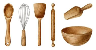 ensemble de en bois cuisine ustensile éléments cuillère, bol, roulant broche, fouet, scoop. aquarelle isolé main tiré illustrations. clipart de cuisine outil pour étiqueter, emballage, carte, pour boulangerie, une boulangerie vecteur