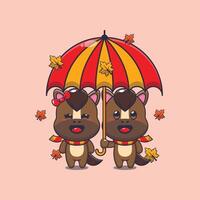 mignonne couple cheval avec parapluie à l'automne saison. vecteur