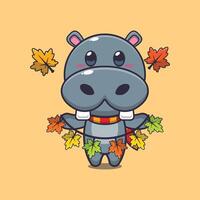 mignonne hippopotame avec l'automne feuille décoration. vecteur