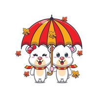 mignonne couple polaire ours avec parapluie à l'automne saison. vecteur