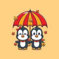 mignonne couple manchot avec parapluie à l'automne saison. vecteur