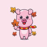 mignonne porc en portant l'automne feuille. vecteur