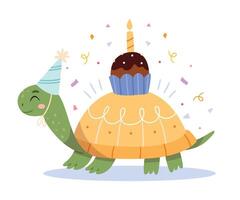 dessin animé tortue avec gâteau fête anniversaire.drôle personnage pour puéril anniversaire vecteur
