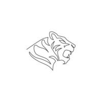 un dessin au trait continu de la tête de tigre africain pour l'identité du logo de l'entreprise. concept de mascotte animale de mammifère félin fort pour le zoo national de safari. illustration de conception graphique de vecteur de tirage d'une seule ligne