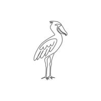un seul dessin d'un énorme bec de chaussures pour l'identité du logo de l'entreprise. grand concept de mascotte d'oiseau préhistorique pour l'icône de conservation des oiseaux. ligne continue moderne dessiner illustration vectorielle de conception graphique vecteur