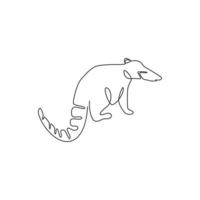 dessin d'une seule ligne de beau coati pour l'identité du logo de l'entreprise. concept de mascotte de mammifères diurnes pour l'icône du parc national de conservation. ligne continue moderne dessiner illustration vectorielle de conception vecteur