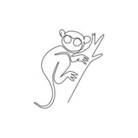 dessin d'une seule ligne de tarsier drôle pour l'identité du logo de la fondation. concept de mascotte animale primate nocturne pour l'icône du club des amoureux des animaux de compagnie. ligne continue moderne dessiner illustration graphique vectorielle de conception vecteur