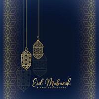 eid mubarak salutation avec pendaison lanternes vecteur