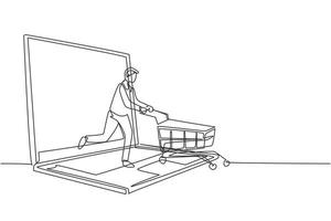 un seul dessin au trait jeune homme sortant de l'écran d'un ordinateur portable poussant un caddie. vente, style de vie numérique, concept de consommation. ligne continue moderne dessiner illustration vectorielle graphique vecteur