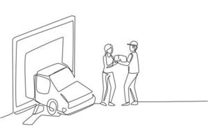 La voiture de livraison continue de dessin d'une ligne sort en partie de l'écran géant et le courrier masculin donne la boîte de colis à la cliente. illustration graphique de vecteur de conception de dessin à une seule ligne