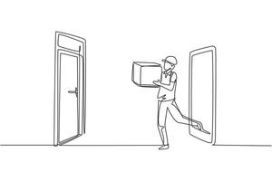 Un seul coursier masculin de dessin au trait continu sort de l'écran du smartphone tout en transportant la boîte d'emballage à la porte du client. service de livraison en ligne. une ligne dessiner illustration vectorielle de conception graphique vecteur