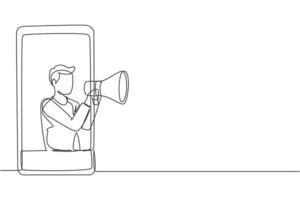 dessin au trait continu unique jeune homme sortant de l'écran du smartphone tenant un mégaphone. offrant un produit avec des remises ou un concept de vente. Une ligne dynamique dessiner illustration vectorielle de conception graphique vecteur