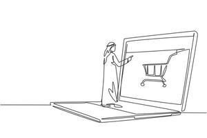 dessin d'une seule ligne d'un jeune homme arabe faisant du shopping à travers un écran d'ordinateur portable avec un panier. commerce électronique, concept de style de vie numérique. ligne continue moderne dessiner illustration vectorielle graphique vecteur