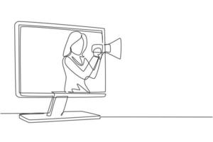 dessin continu d'une ligne jeune femme sortant de l'écran du moniteur tenant un mégaphone. offrant des produits avec des remises ou des soldes. concept de marketing. illustration graphique de vecteur de conception de dessin à une seule ligne