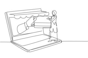 dessin continu d'une ligne jeune femme arabe insérant une carte de crédit dans un grand écran d'ordinateur portable à baldaquin et acceptée à la main. concept de paiement numérique. illustration graphique de vecteur de conception de dessin à une seule ligne