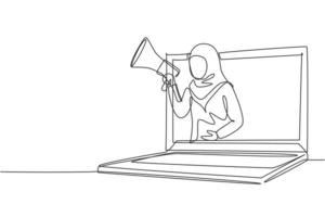 dessin au trait continu unique jeune femme arabe sortant d'un écran d'ordinateur portable tenant un mégaphone. offrant un produit avec des remises ou un concept de vente. Une ligne dynamique dessiner illustration vectorielle de conception graphique vecteur