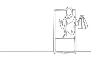 dessin continu d'une ligne jeune femme arabe sortant de l'écran du smartphone tenant des sacs à provisions. concept de vente, de style de vie numérique et de consommation. illustration graphique de vecteur de conception de dessin à une seule ligne