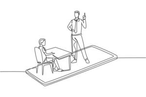 Enseignant masculin de dessin continu en ligne enseignant à un élève du secondaire masculin qui est assis sur un banc autour d'un bureau et étudie sur un smartphone. illustration graphique de vecteur de conception de dessin à une seule ligne