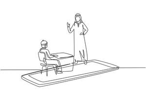 dessin continu d'une ligne enseignant de sexe masculin arabe enseignant à un élève du secondaire masculin assis sur un banc autour d'un bureau et étudiant sur un smartphone. illustration graphique de vecteur de conception de dessin à une seule ligne