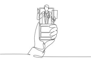 un dessin continu à la main tenant un smartphone et un médecin de sexe masculin sort de l'écran du smartphone tenant le presse-papiers. concept de consultation en ligne. graphique vectoriel de conception de dessin à une seule ligne