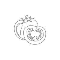 un dessin au trait continu tranche des tomates biologiques saines pour l'identité du logo de l'agriculture. concept de légumes tropicaux frais pour l'icône de jardin vegir. Illustration vectorielle de conception graphique moderne à une seule ligne vecteur